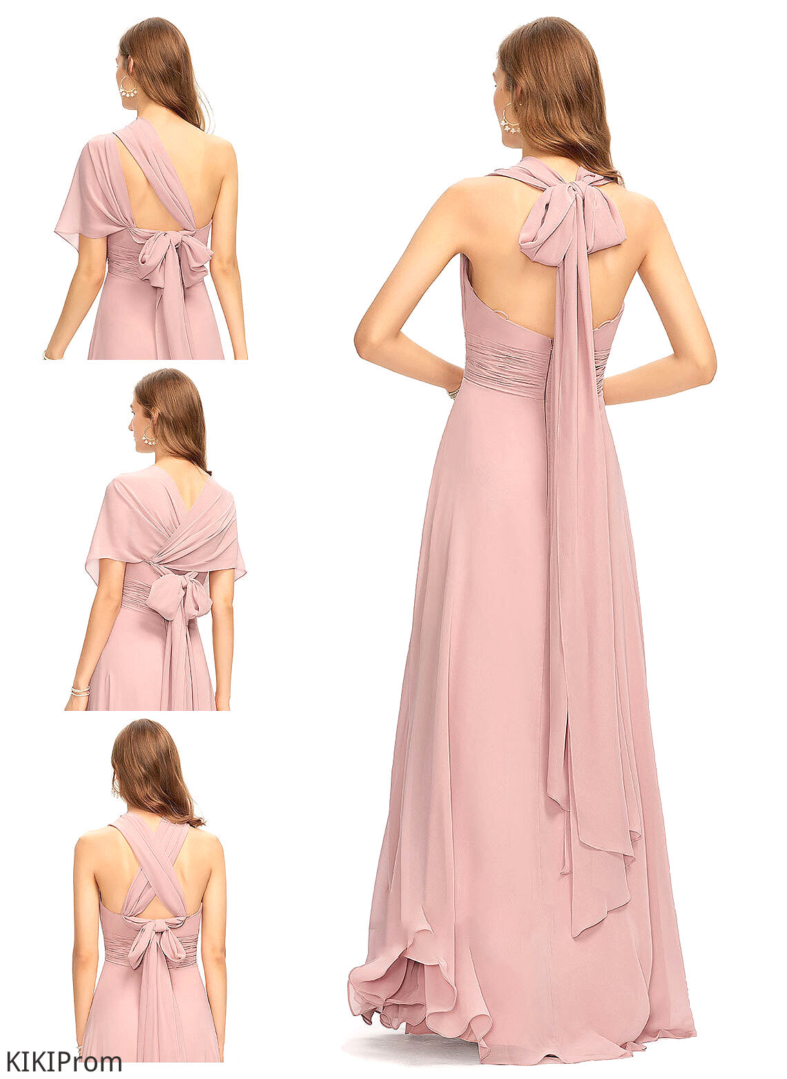 Silhouette Floor-Length Halter Neckline Ruffle Fabric One-Shoulder A-Line Length Embellishment V-neck Jaelyn Bridesmaid Dresses