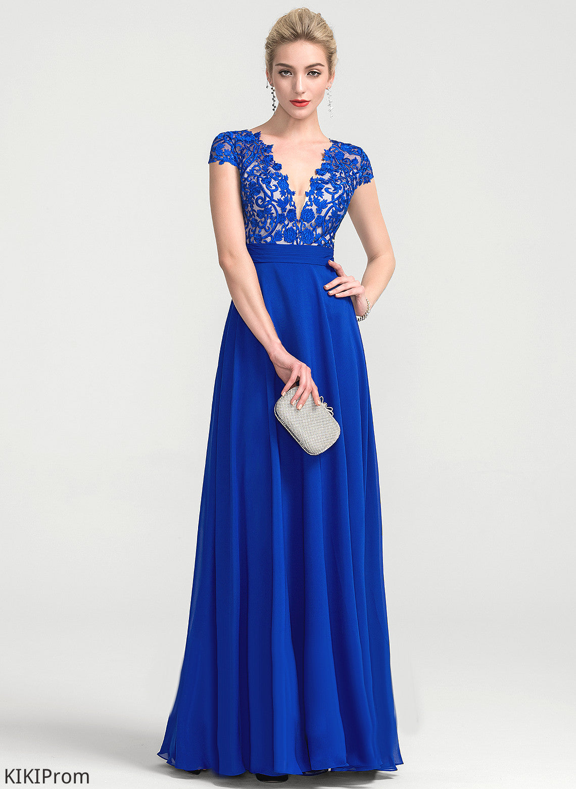 Ruffle Prom Dresses With A-Line Chiffon Lace V-neck Floor-Length Abby