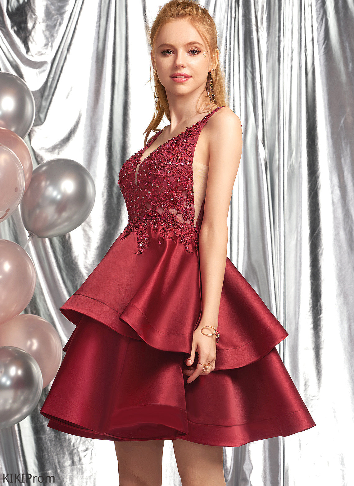 Sequins Satin Imani Short/Mini Dress A-Line Beading Lace With V-neck Homecoming Dresses Homecoming