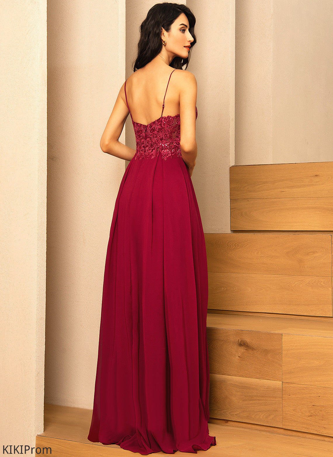Chiffon Ursula A-Line Floor-Length Sequins Prom Dresses V-neck With Lace