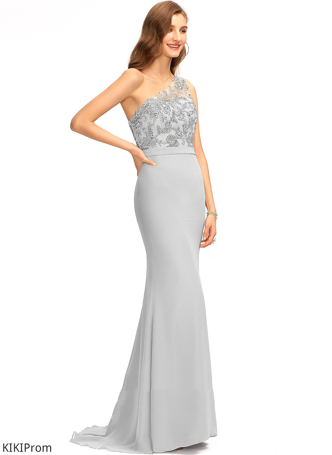 SweepTrain Silhouette Trumpet/Mermaid Lace One-Shoulder Length Fabric Neckline Straps Jasmine Natural Waist V-Neck Bridesmaid Dresses