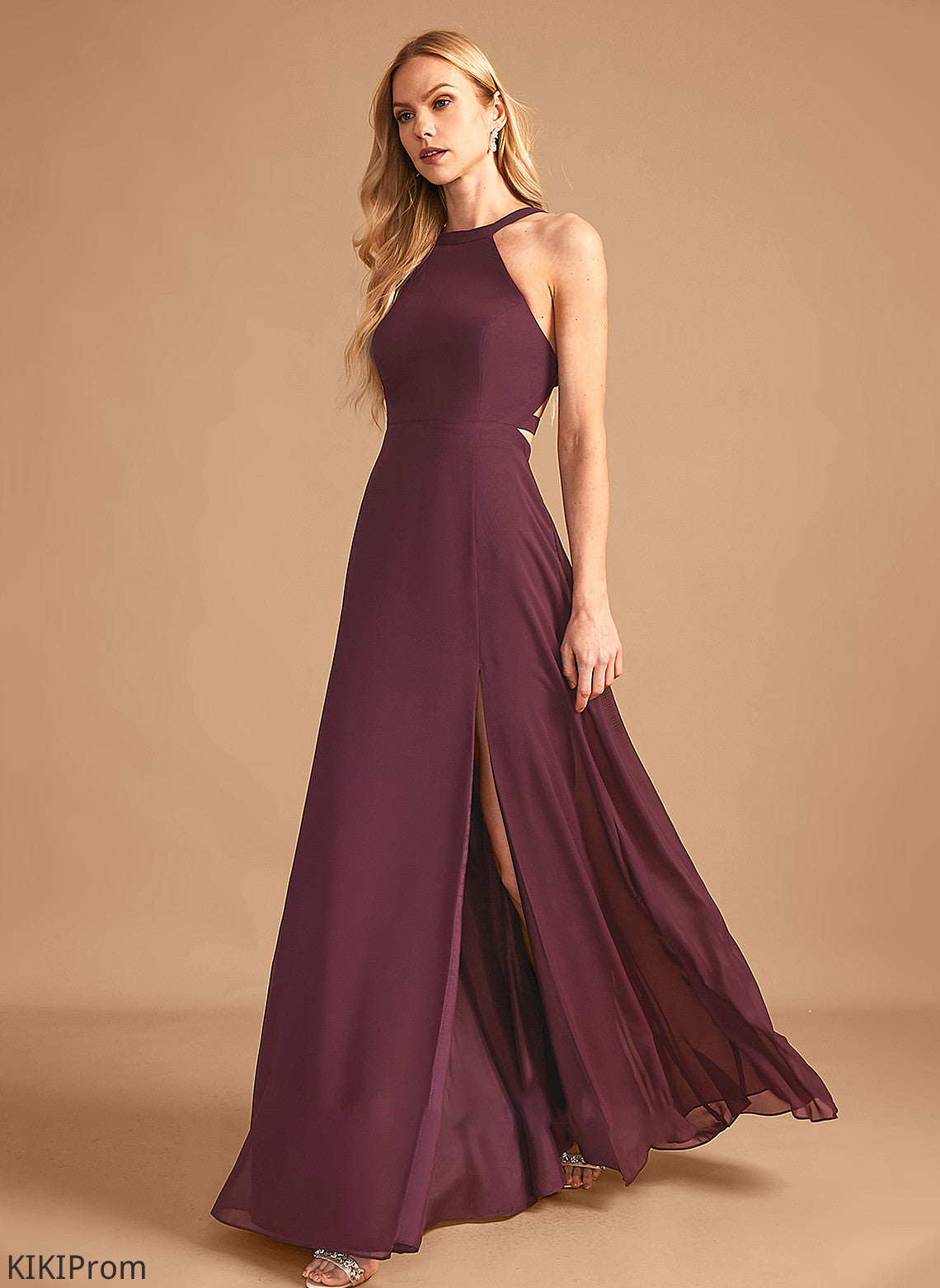 Silhouette A-Line Length Fabric Floor-Length SplitFront HighNeck Neckline Embellishment Leia Spaghetti Staps Sleeveless Bridesmaid Dresses