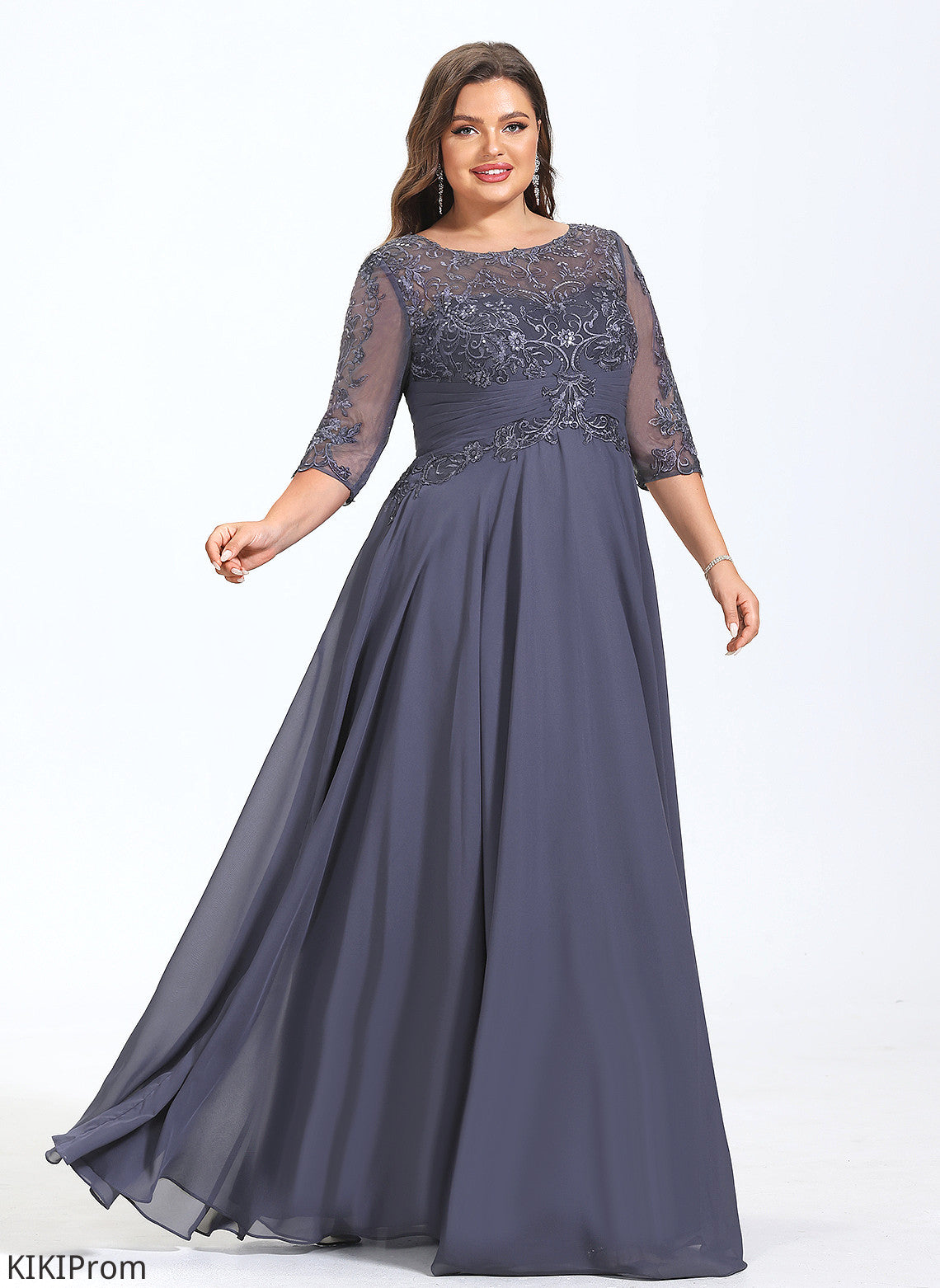 Katharine Floor-Length Pleated Illusion Sequins Chiffon Lace With Prom Dresses Scoop A-Line