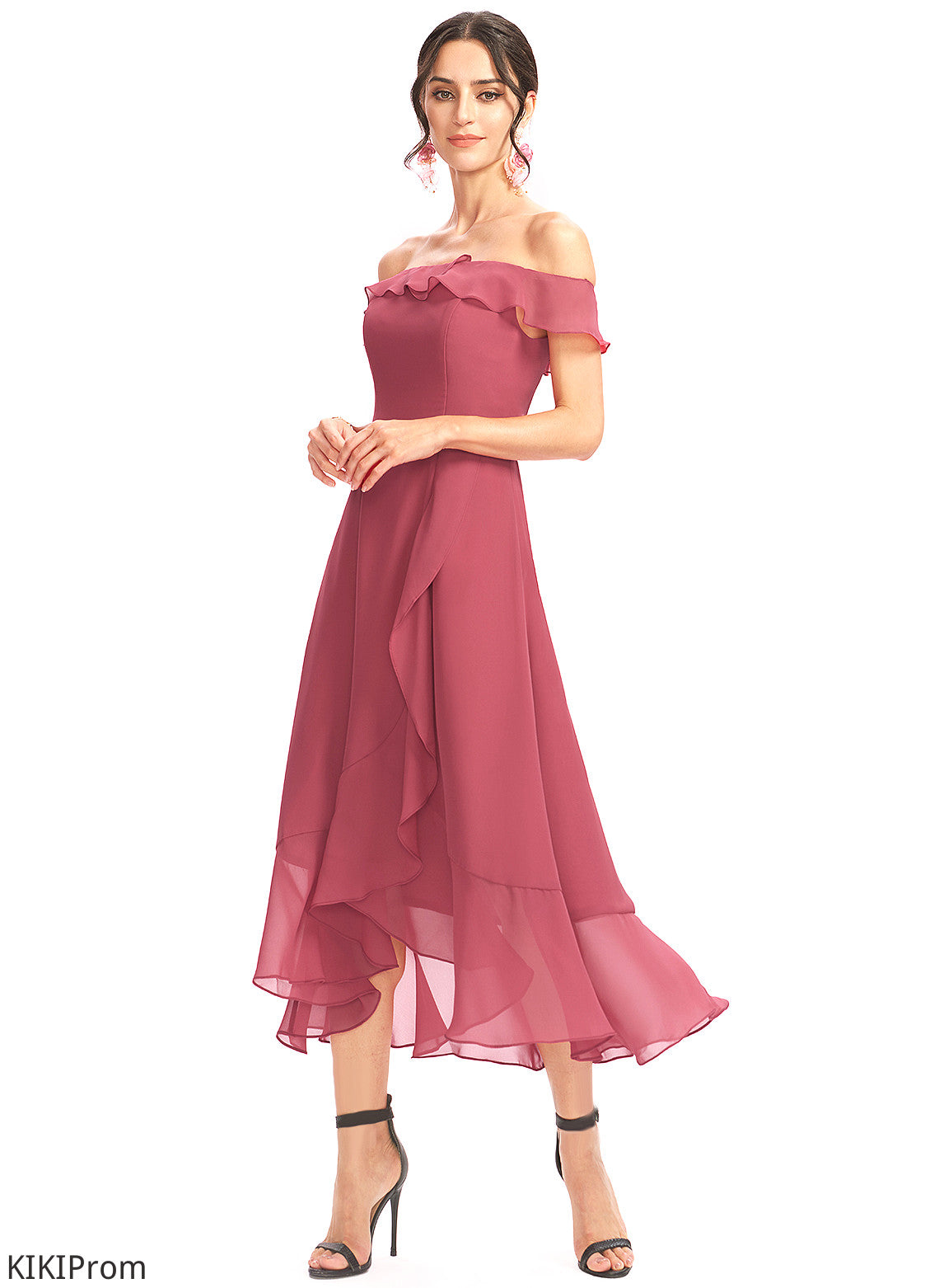 Kylee Tea-Length Ruffles Cocktail Dresses Dress Cascading Cocktail With A-Line Off-the-Shoulder Chiffon