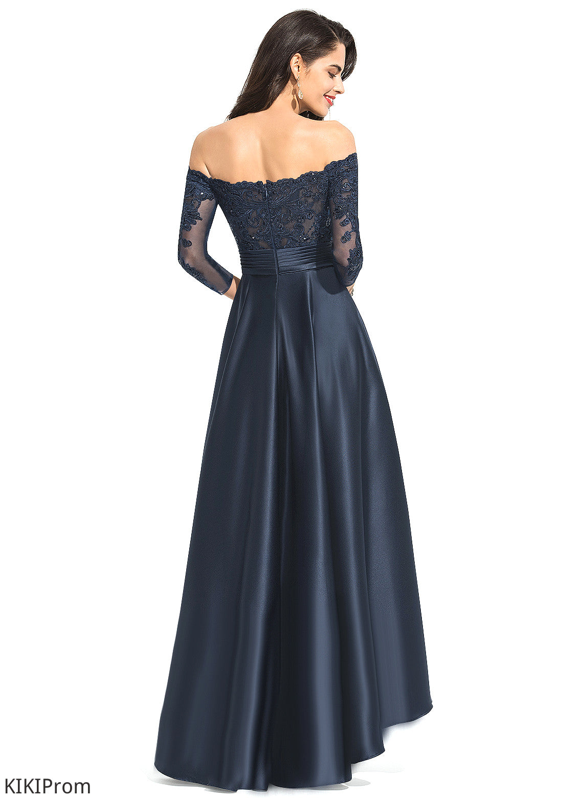 With Cascading Asymmetrical A-Line Off-the-Shoulder Ruffles Poll Satin Prom Dresses Sequins Lace