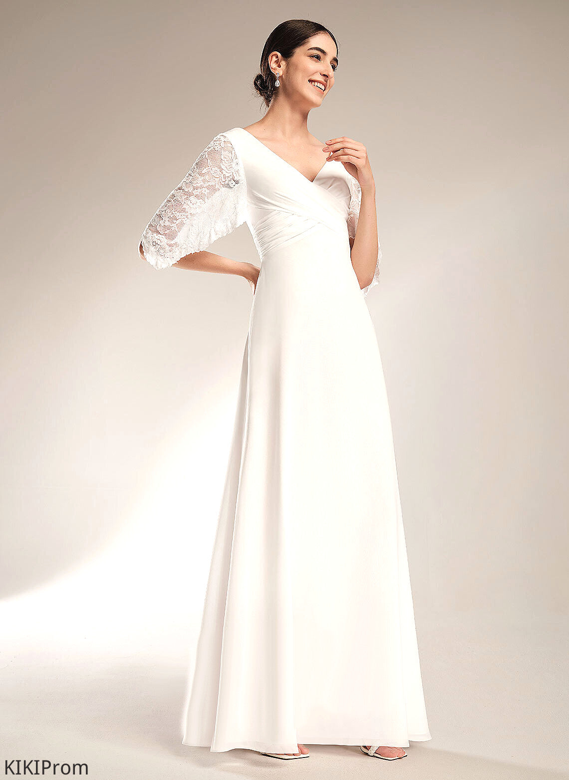 Lace V-neck Wedding Dresses Kaiya Sheath/Column Chiffon Floor-Length Wedding Dress
