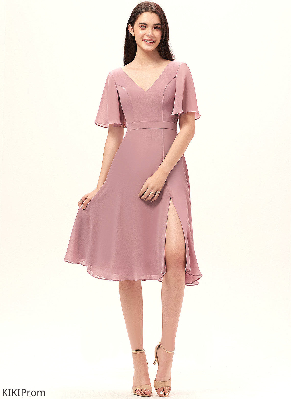 Straps&Sleeves A-Line Length V-neck Neckline Knee-Length Fabric Silhouette Aimee A-Line/Princess Natural Waist Sleeveless Bridesmaid Dresses
