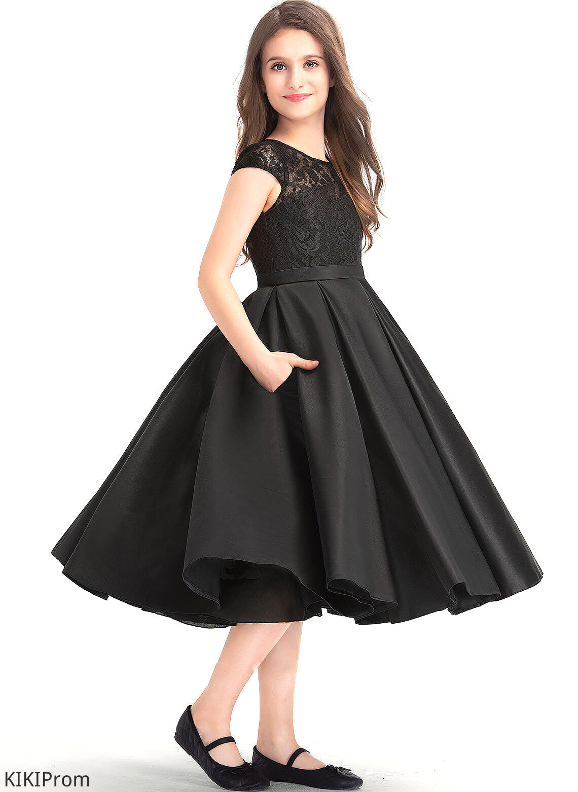 Neck Satin Zoey Pockets A-Line Junior Bridesmaid Dresses Knee-Length Scoop With Lace