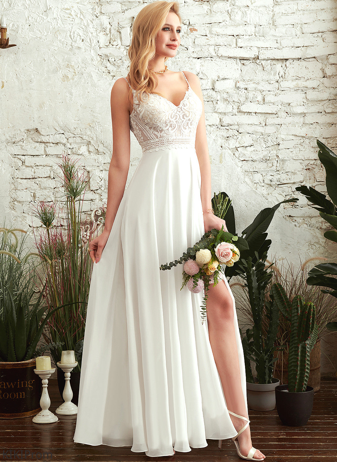 Wedding Lace Elise Dress Chiffon Wedding Dresses A-Line V-neck Floor-Length