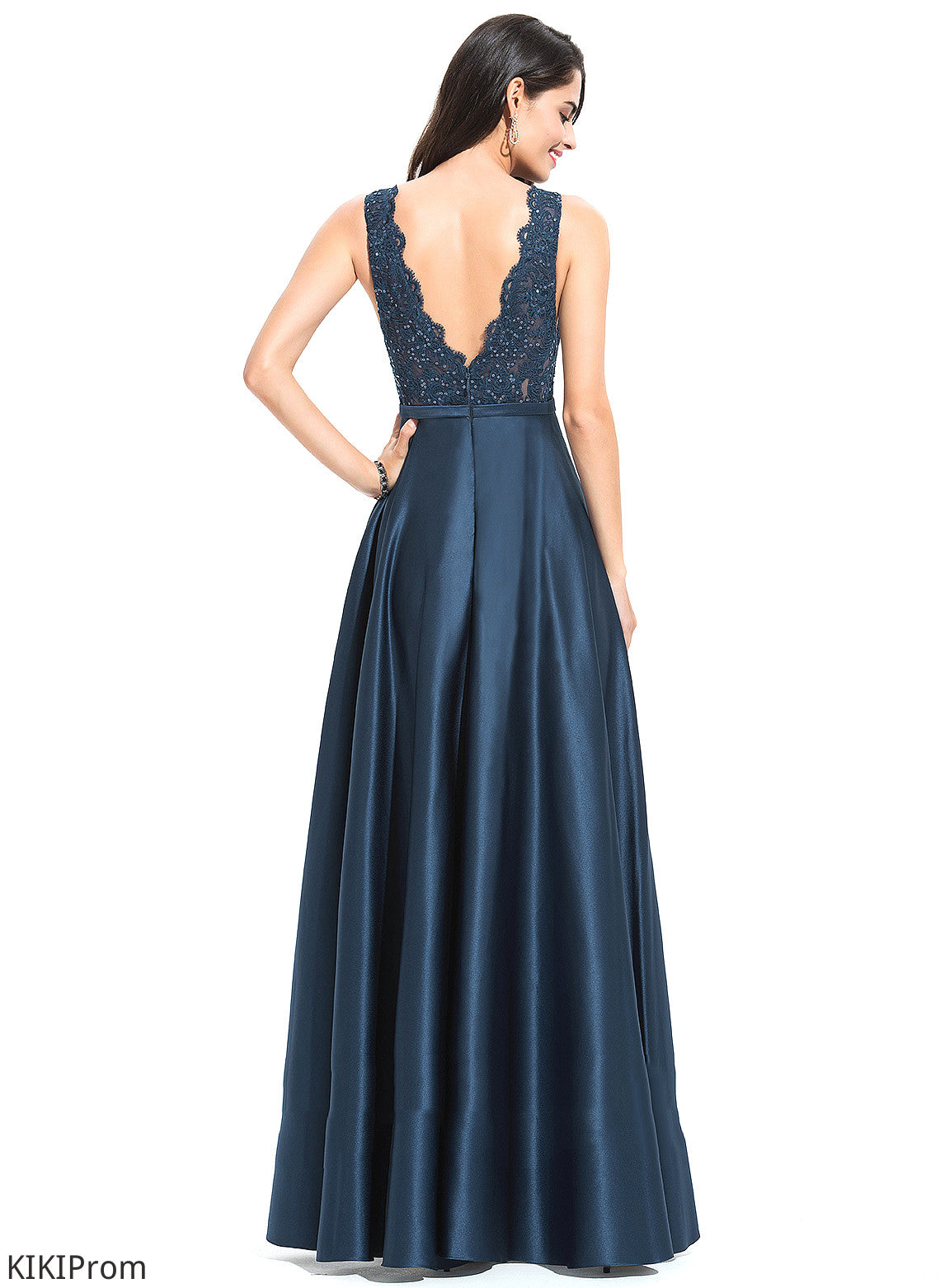 A-Line Leia V-neck Floor-Length Lace Satin With Prom Dresses Sequins