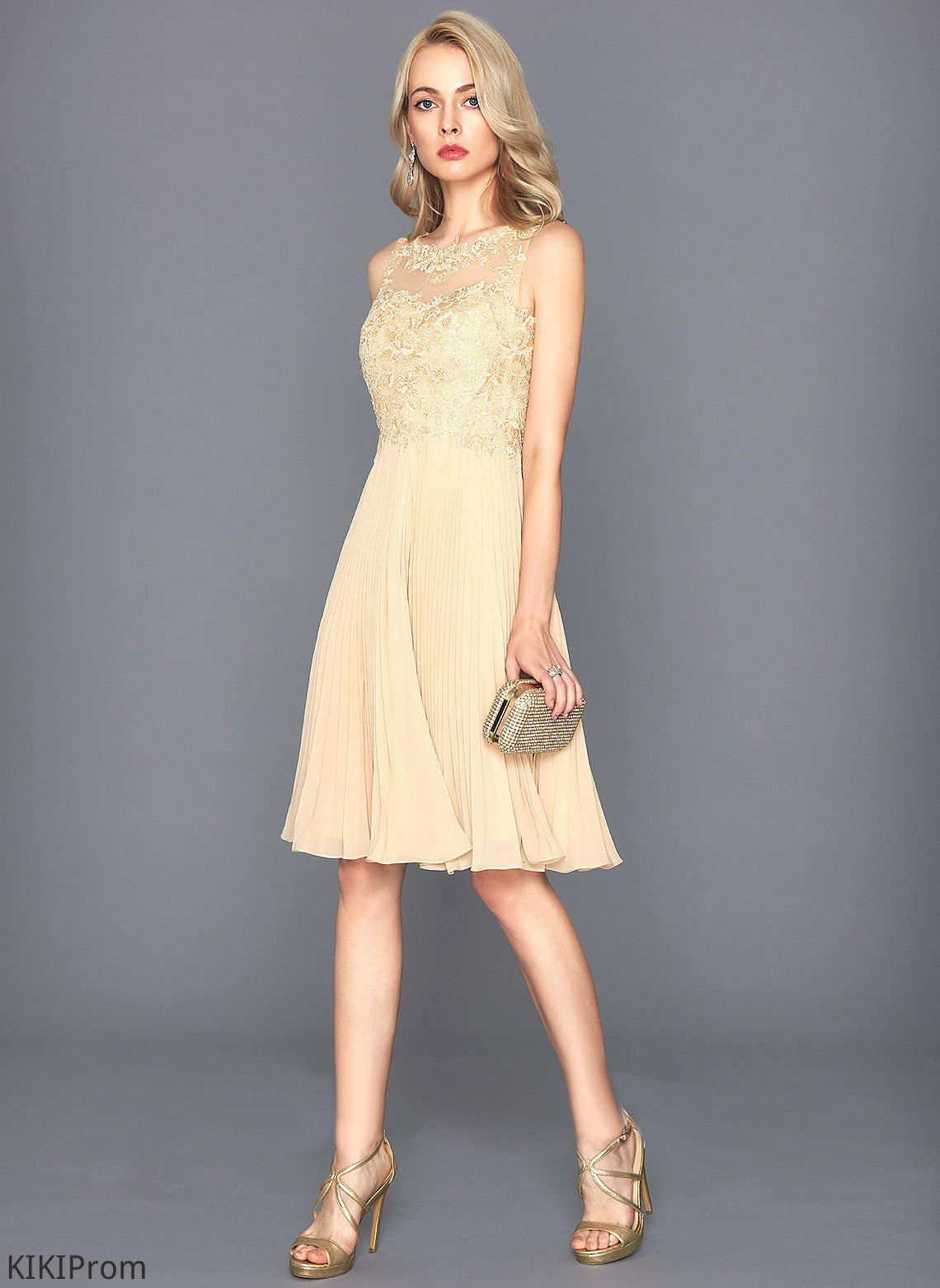 Pleated Scoop Chiffon Dress Cocktail Lace Neck Charlee Cocktail Dresses Knee-Length With A-Line