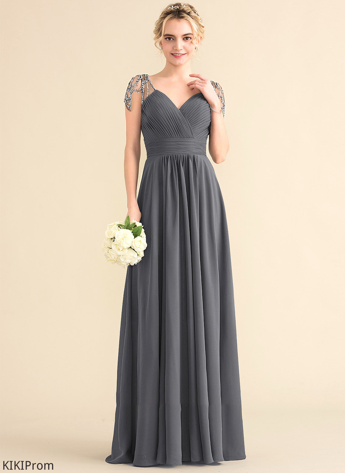 Floor-Length V-neck Length Sequins Fabric Beading Silhouette Embellishment Ruffle Neckline A-Line Aisha Bridesmaid Dresses
