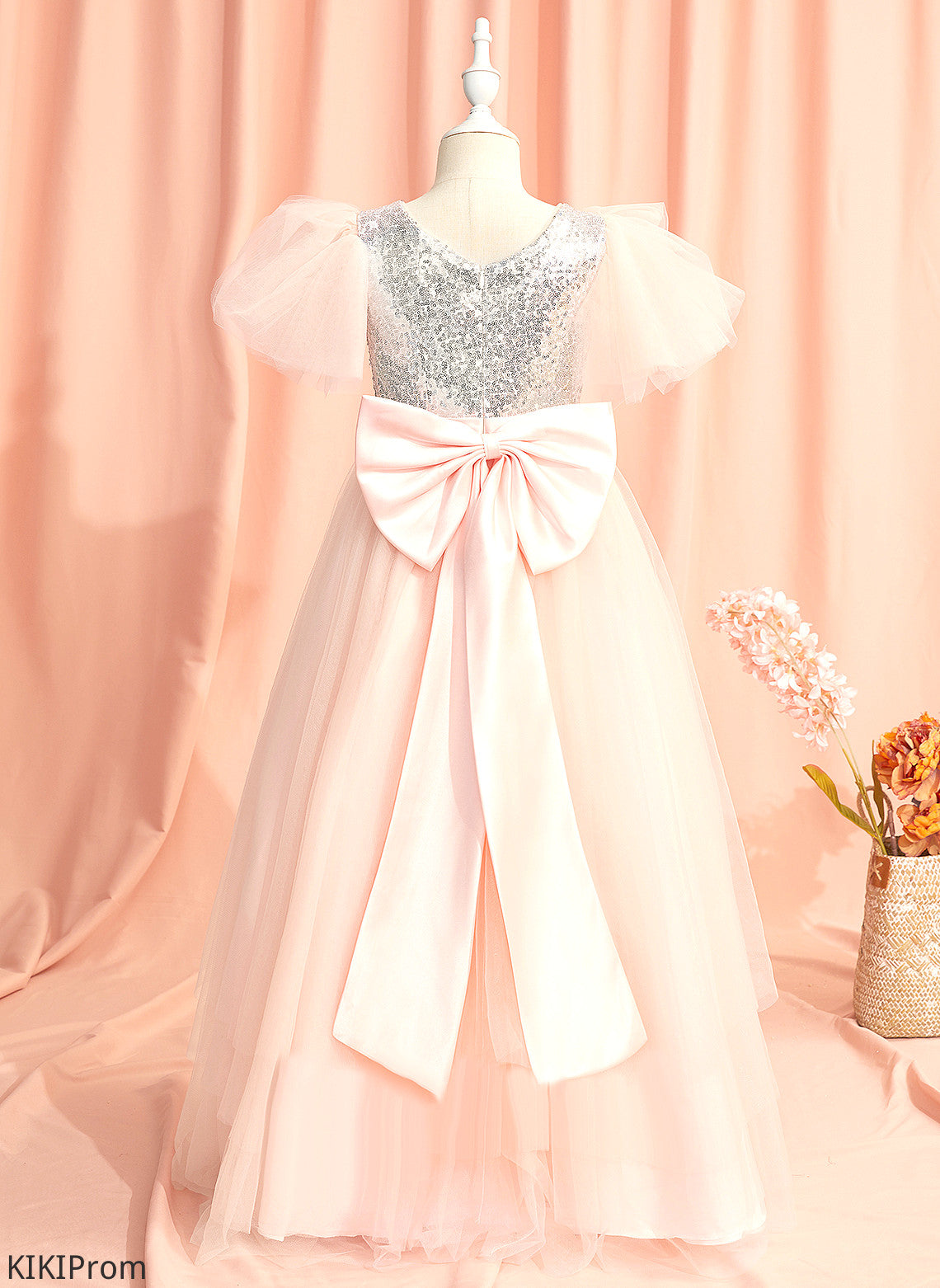 Flower Girl Flower Girl Dresses Short Dress Floor-length Sleeves Beading/Sequins/Bow(s) Tulle/Sequined With Neck - Elaine Ball-Gown/Princess Scoop