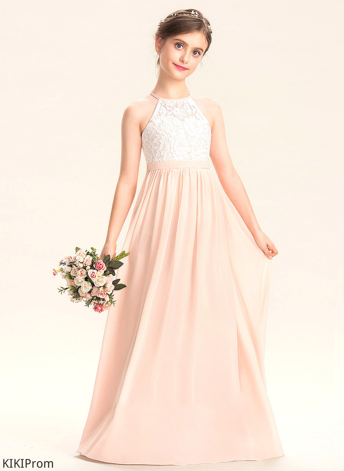 Floor-Length Neck Junior Bridesmaid Dresses Chiffon A-Line Scoop Brittany Lace
