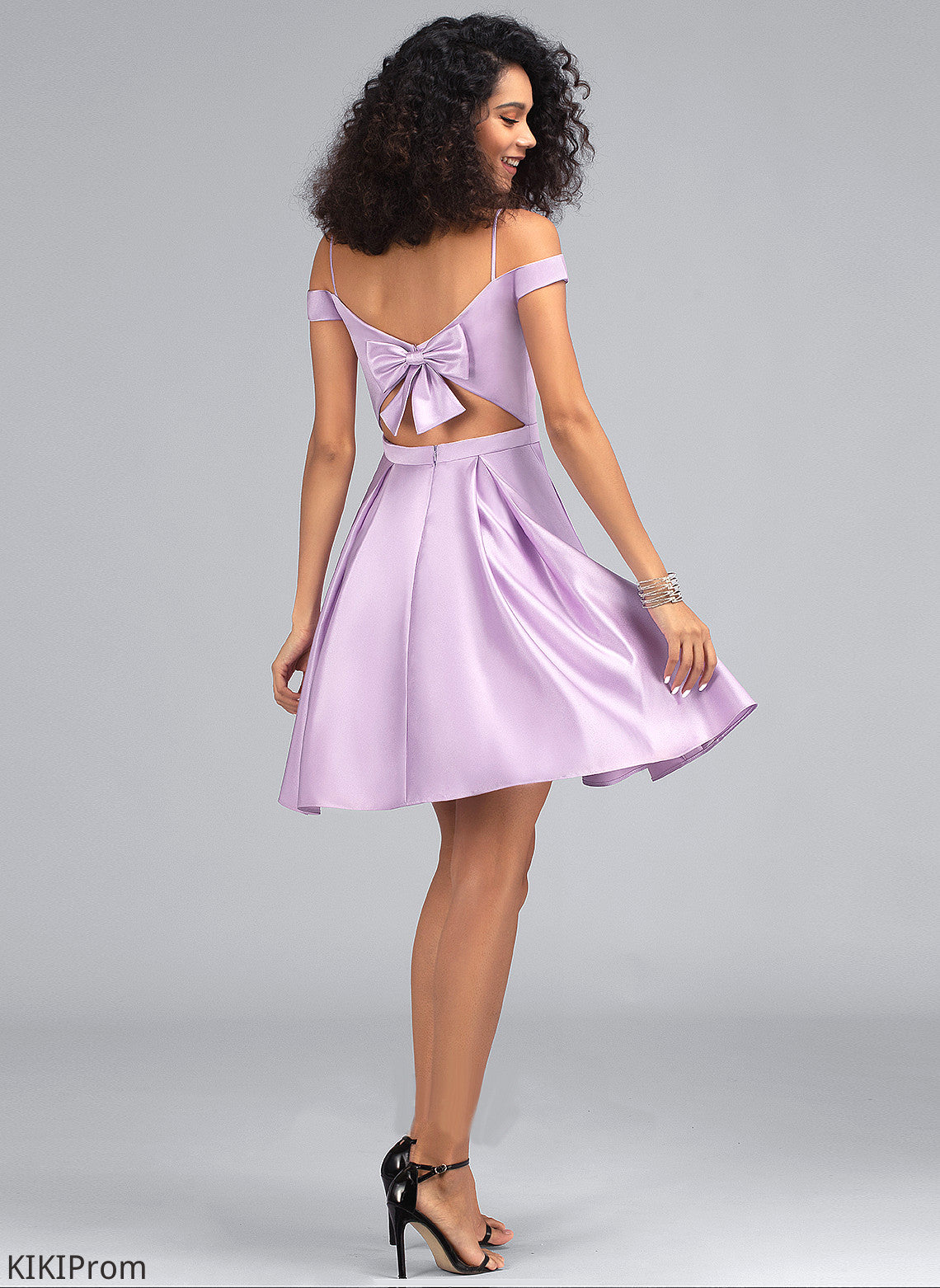 With A-Line Pockets Kailey Homecoming Dresses Satin Dress Off-the-Shoulder Short/Mini Homecoming Bow(s)