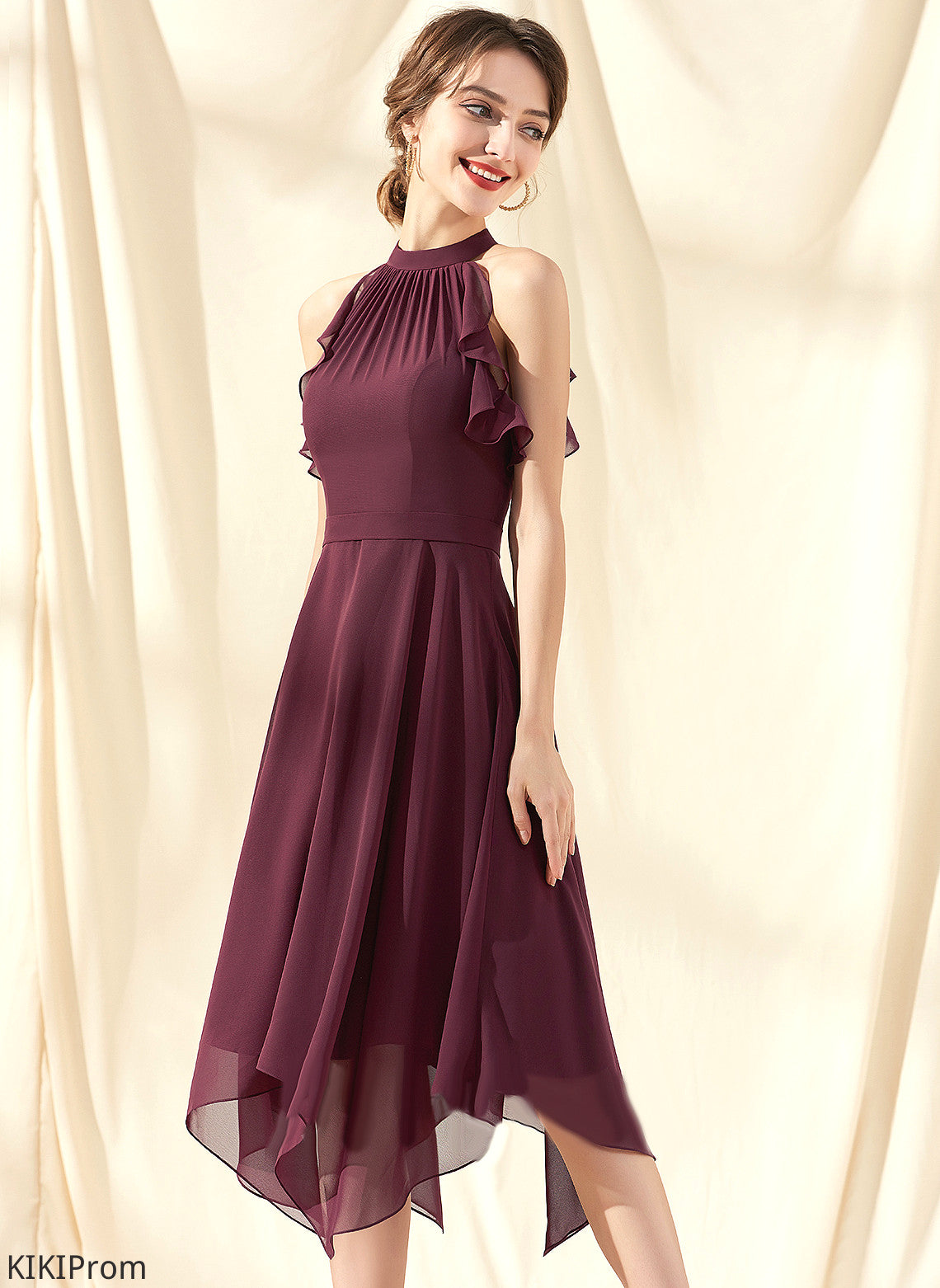 Halle A-Line Neck Dress Cocktail Cocktail Dresses Cascading Tea-Length With Ruffles Chiffon Scoop