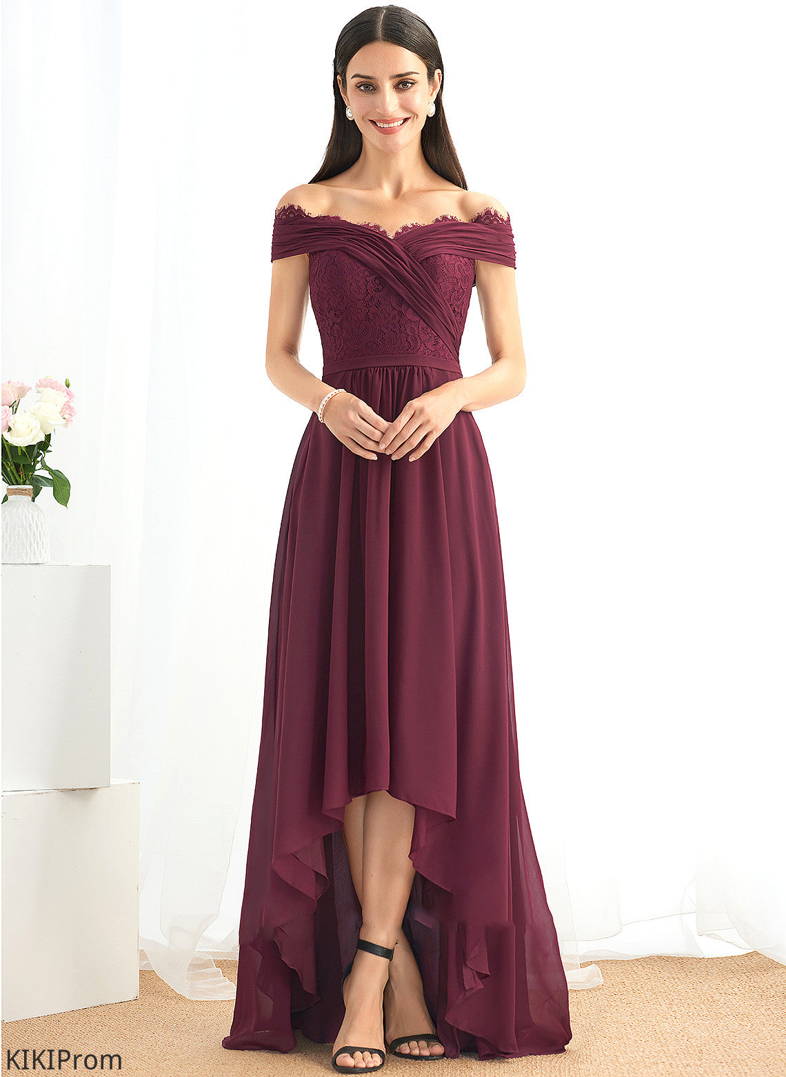 Embellishment Silhouette Neckline Lace Fabric Off-the-Shoulder Length A-Line Asymmetrical Shaylee Sleeveless Scoop Bridesmaid Dresses