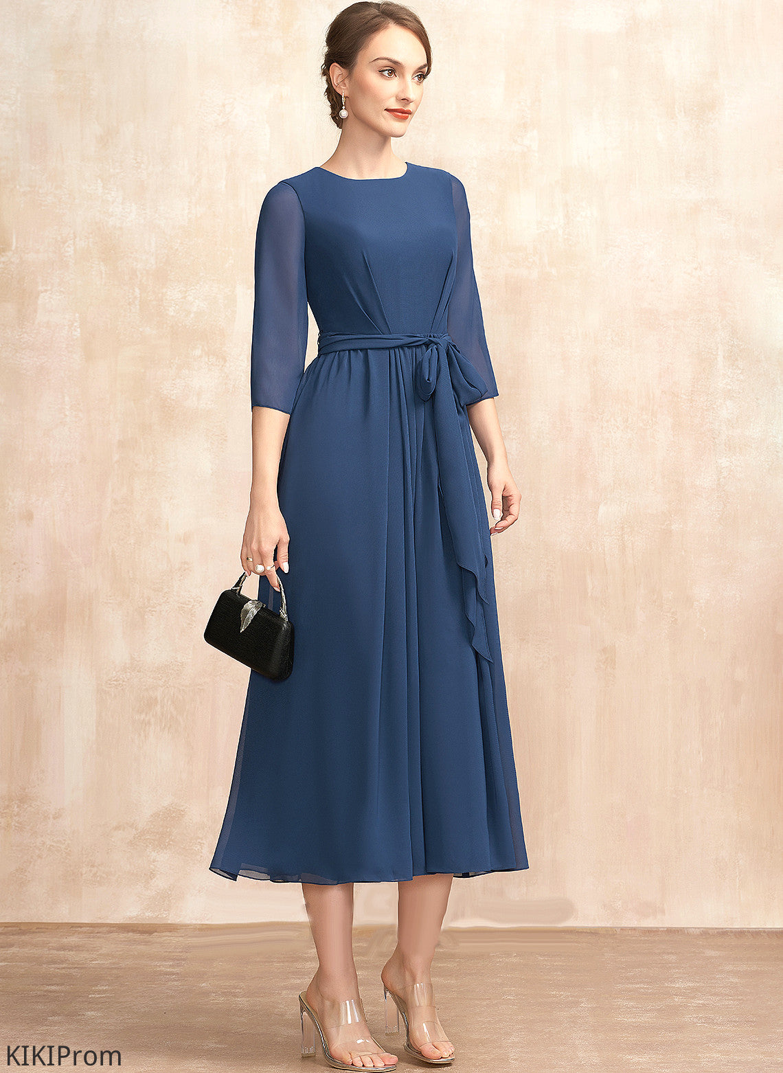 Neck of Dress With Bride Bow(s) the A-Line Ruffle Chiffon Tea-Length Erin Scoop Mother of the Bride Dresses Mother