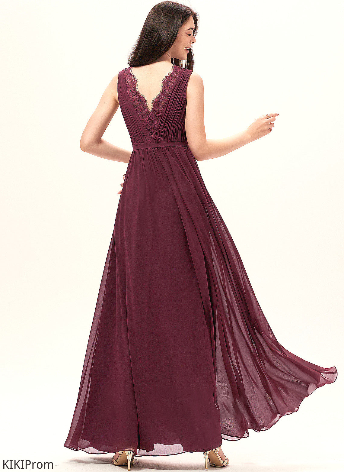 Floor-Length Ruffle A-Line Length Lace Fabric Neckline Embellishment Silhouette V-neck Paityn Straps Bridesmaid Dresses