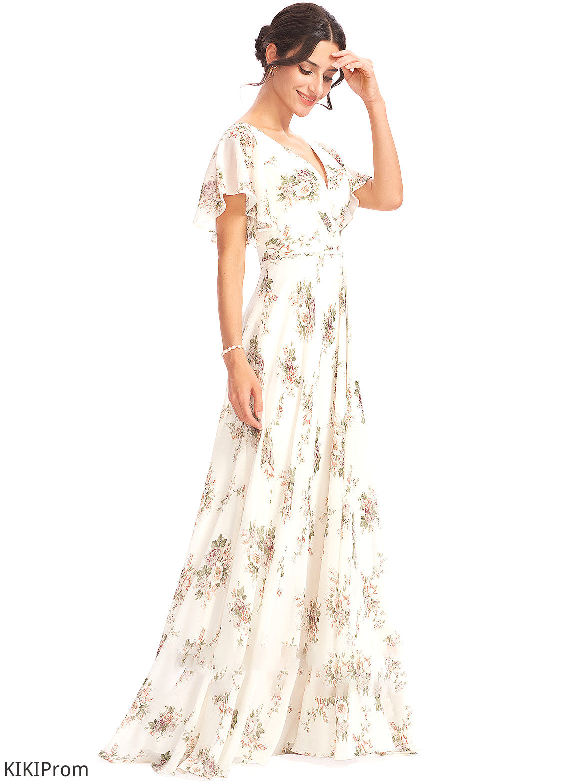 Flower(s) Embellishment Floor-Length A-Line V-neck Fabric SplitFront Length Silhouette Neckline Angelique Bridesmaid Dresses