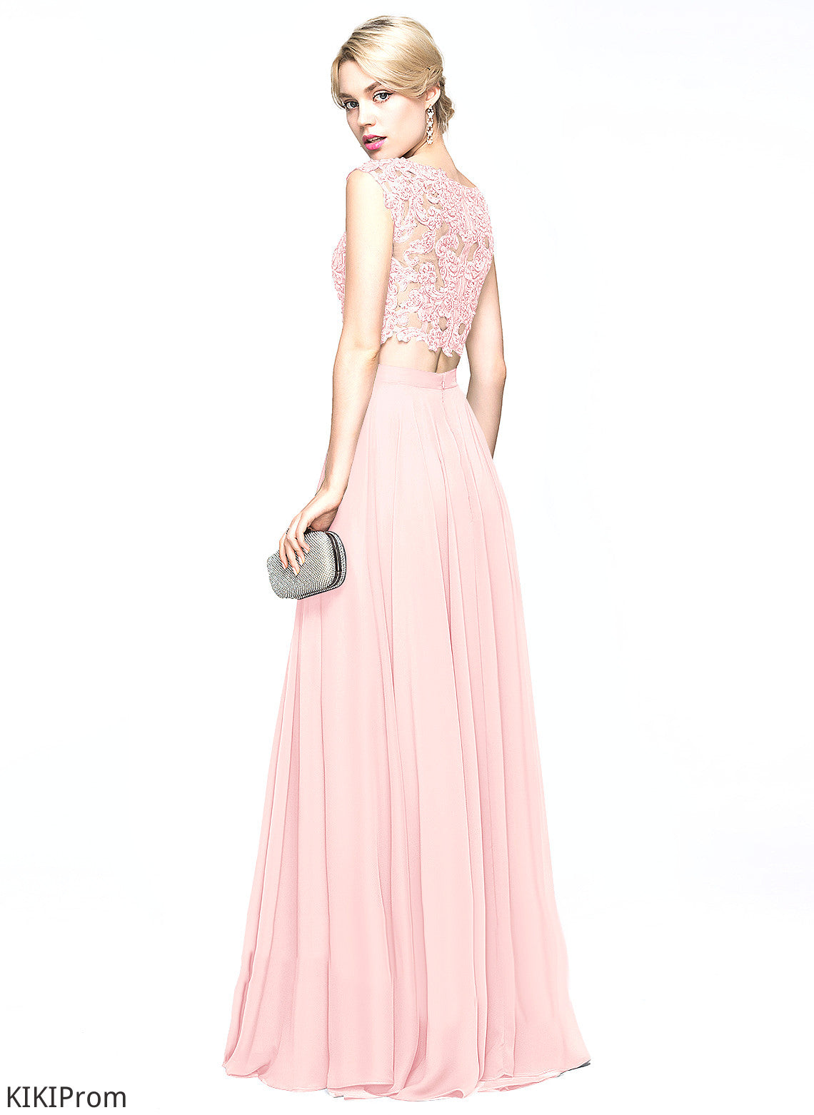 Beading Scoop With Floor-Length Lace Prom Dresses Setlla Chiffon Sequins A-Line