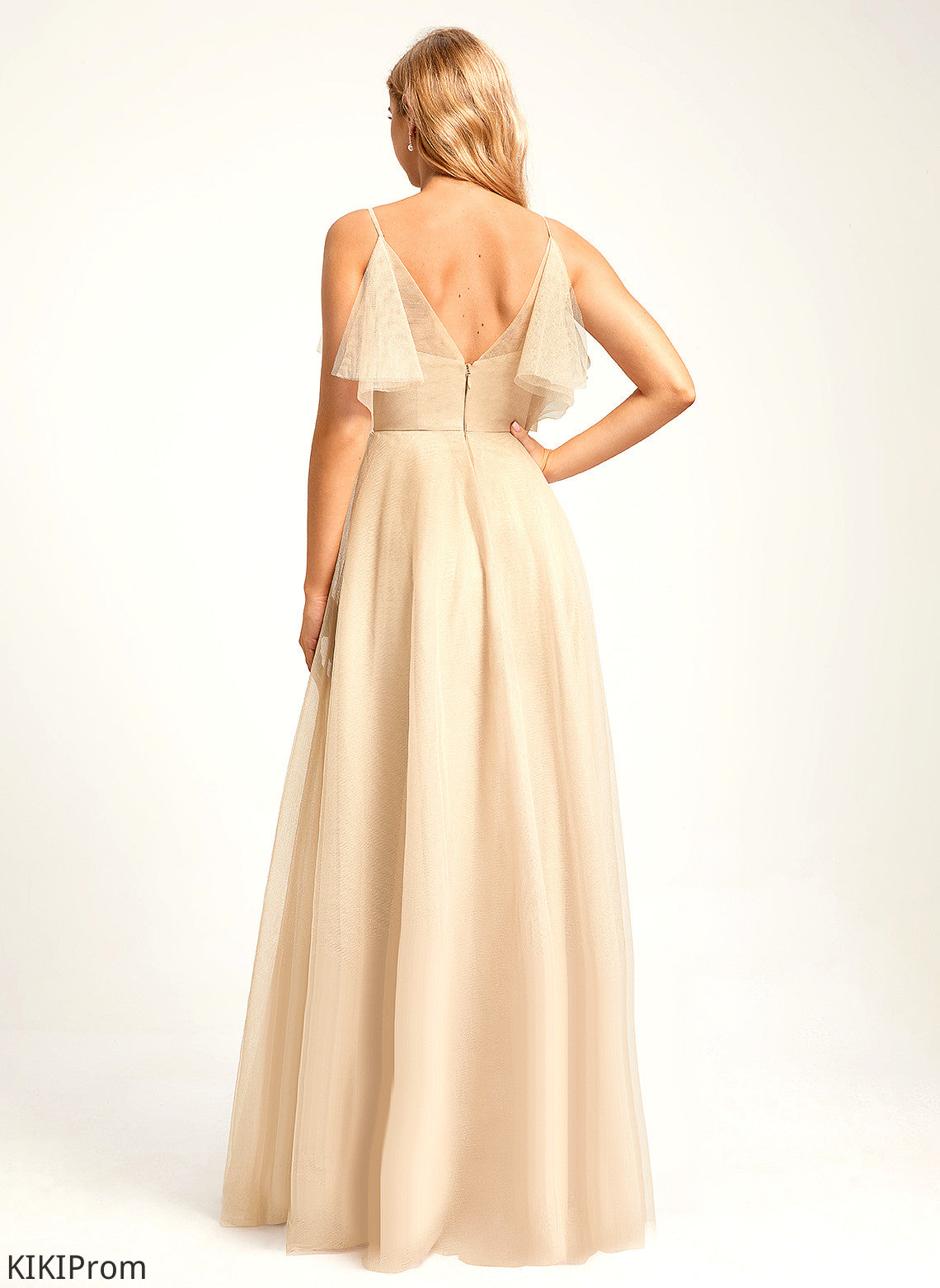 A-Line Tulle Floor-Length Silhouette Length Straps&Sleeves V-neck Neckline Fabric Peggie A-Line/Princess Sleeveless Bridesmaid Dresses
