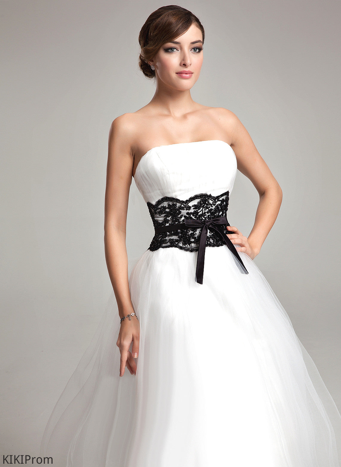 Satin Tea-Length Mina Bow(s) Dress Ball-Gown/Princess Lace Wedding Dresses With Sash Wedding Tulle Beading Strapless