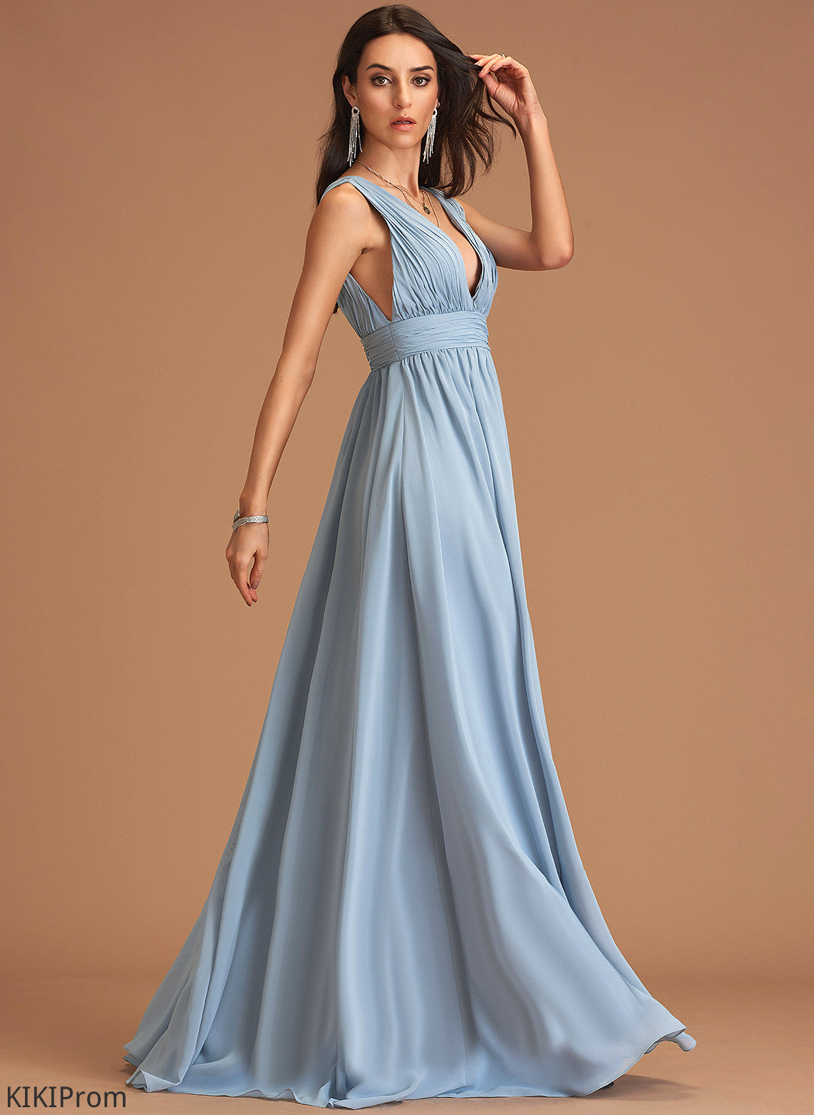 Silhouette Pleated Fabric Floor-Length Neckline Length V-neck A-Line Embellishment Kelsie Bridesmaid Dresses