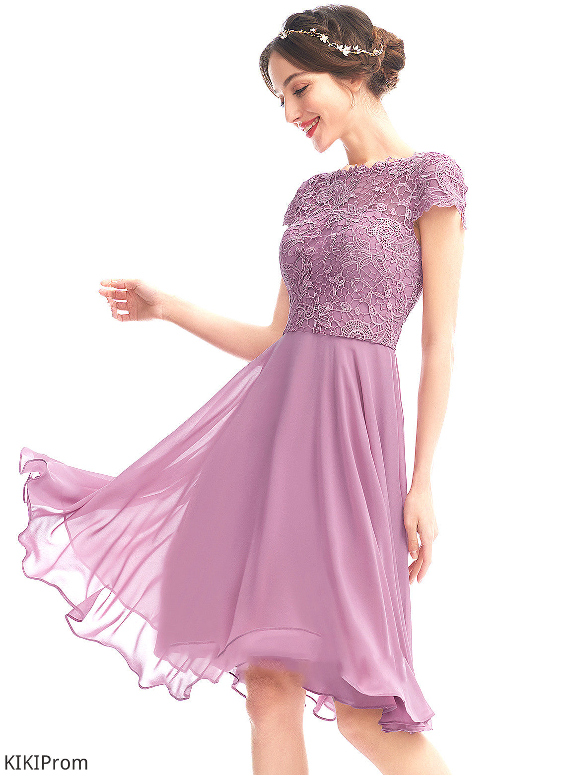 Knee-Length Lace Neckline Fabric Length A-Line Silhouette ScoopNeck Straps Mandy Bridesmaid Dresses