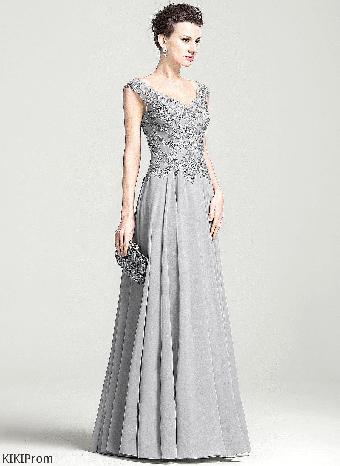the V-neck Lace Chiffon A-Line Dress Mother of the Bride Dresses of Appliques Floor-Length With Yamilet Mother Bride