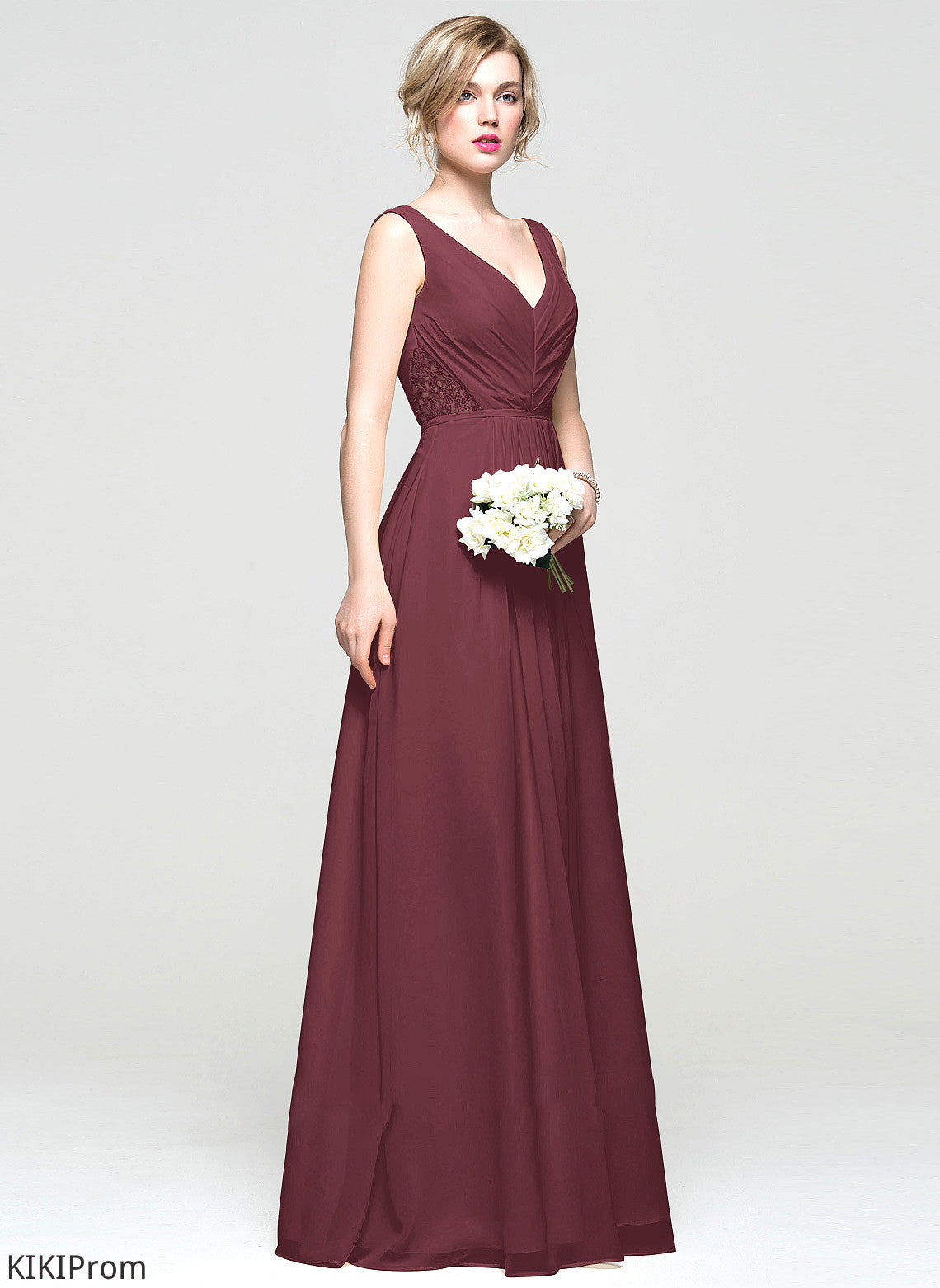 Lace V-neck Neckline Floor-Length Silhouette Fabric Beading Embellishment Sequins Length Ruffle A-Line Bridesmaid Dresses