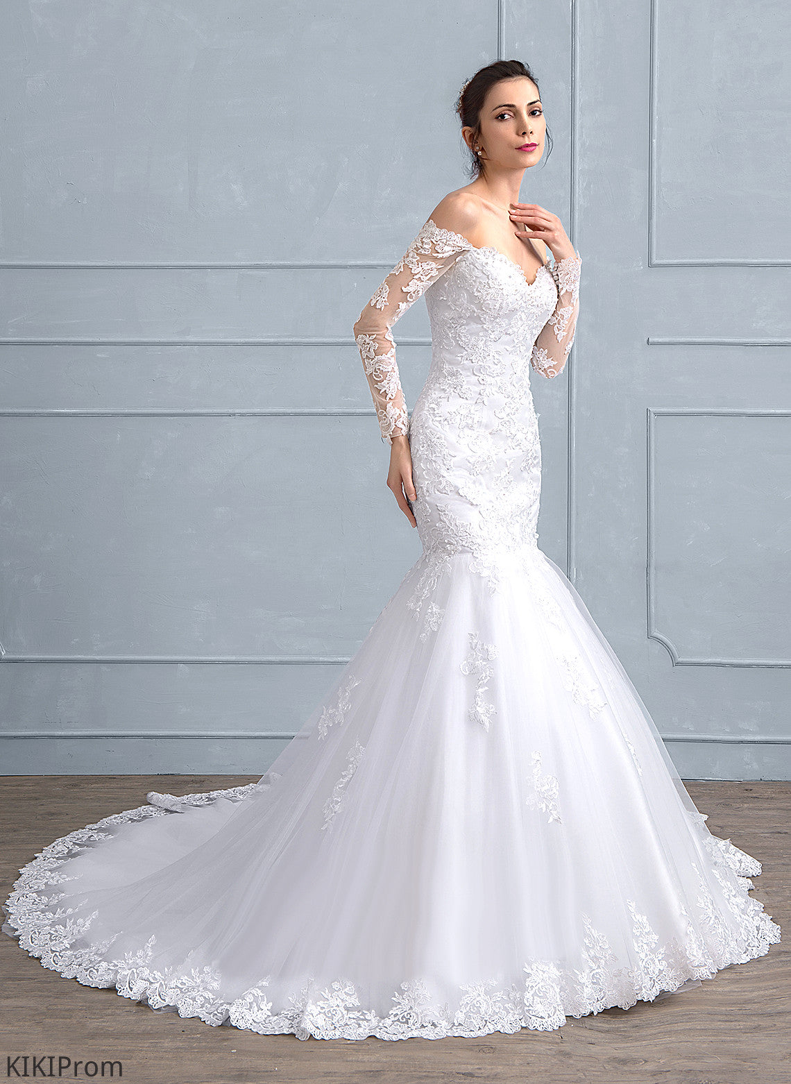 With Off-the-Shoulder Kit Train Sequins Wedding Dresses Beading Wedding Lace Trumpet/Mermaid Tulle Court Dress