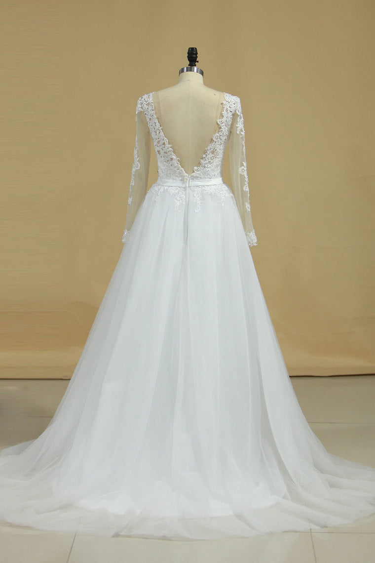 2022 Boat Neck Wedding Dresses A-Line Long Sleeves Applique  Tulle