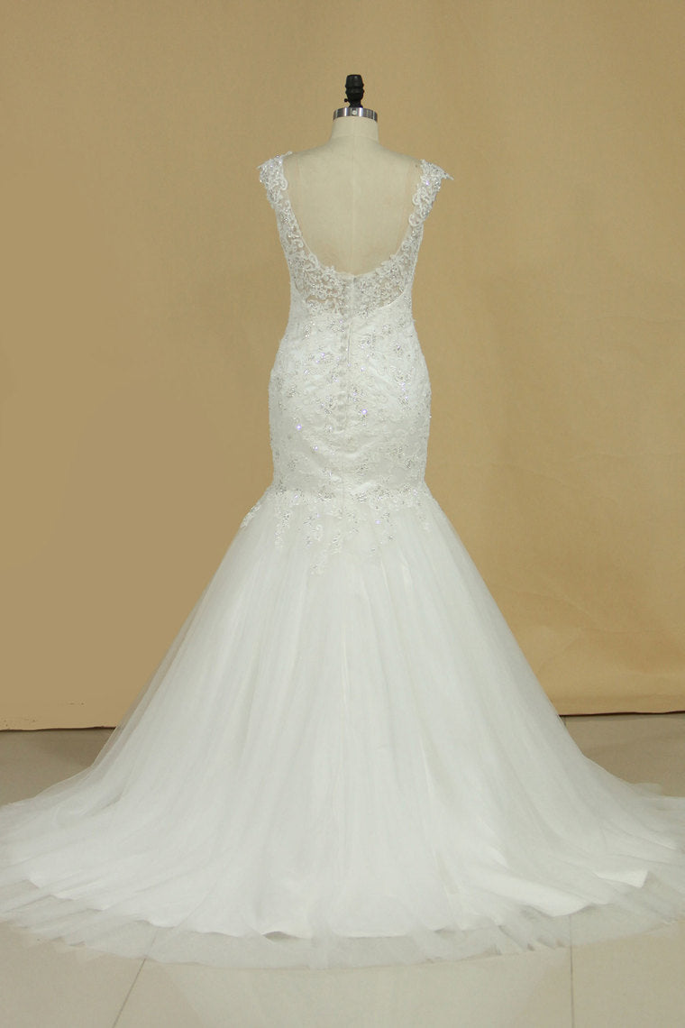 2024 Mermaid Wedding Dresses Straps Tulle Court Train With Applique
