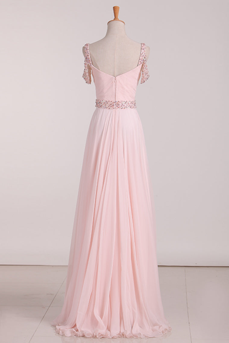 2024 A Line Straps Chiffon With Ruffles And Beads Prom Dresses