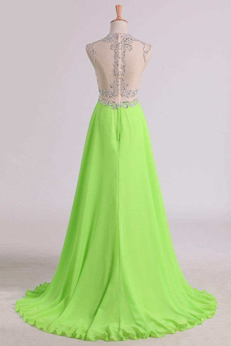 2022 A Line Beaded Bodice Prom Dresses Scoop Chiffon & Tulle With Slit