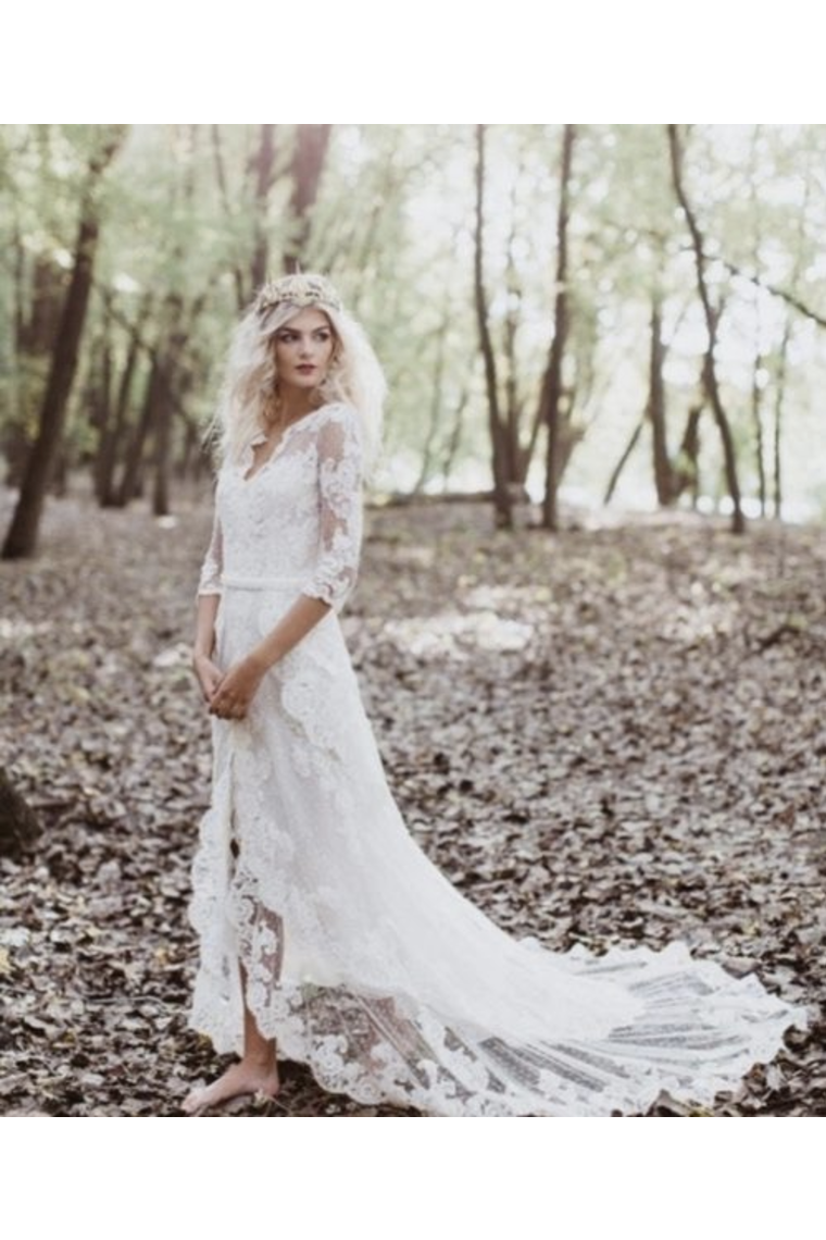 Risqu¨¦ Sheath With Unlined Sleeves Wedding Dress Front Slit Ivory Lace Bridal Dress