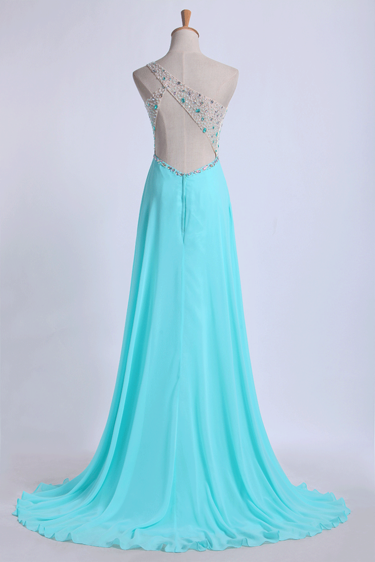 2022 One Shoulder Prom Dresses A Line With Beading Tulle And Chiffon Sweep Train