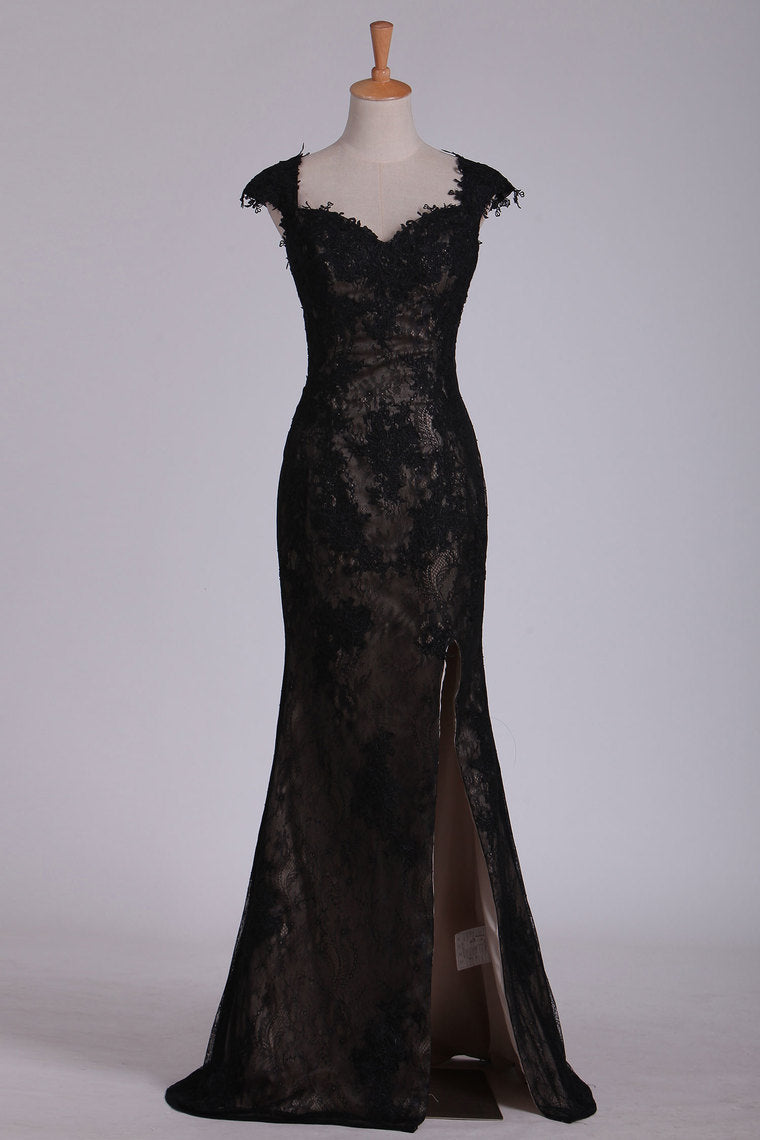 2024 Black Off The Shoulder Sheath Prom Dresses Lace&Tulle Floor Length With Applique & Slit