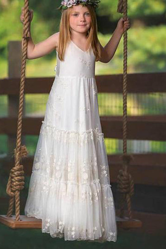 Simple V Neck Sleeveless With Lace Appliques Flower Girl Dresses