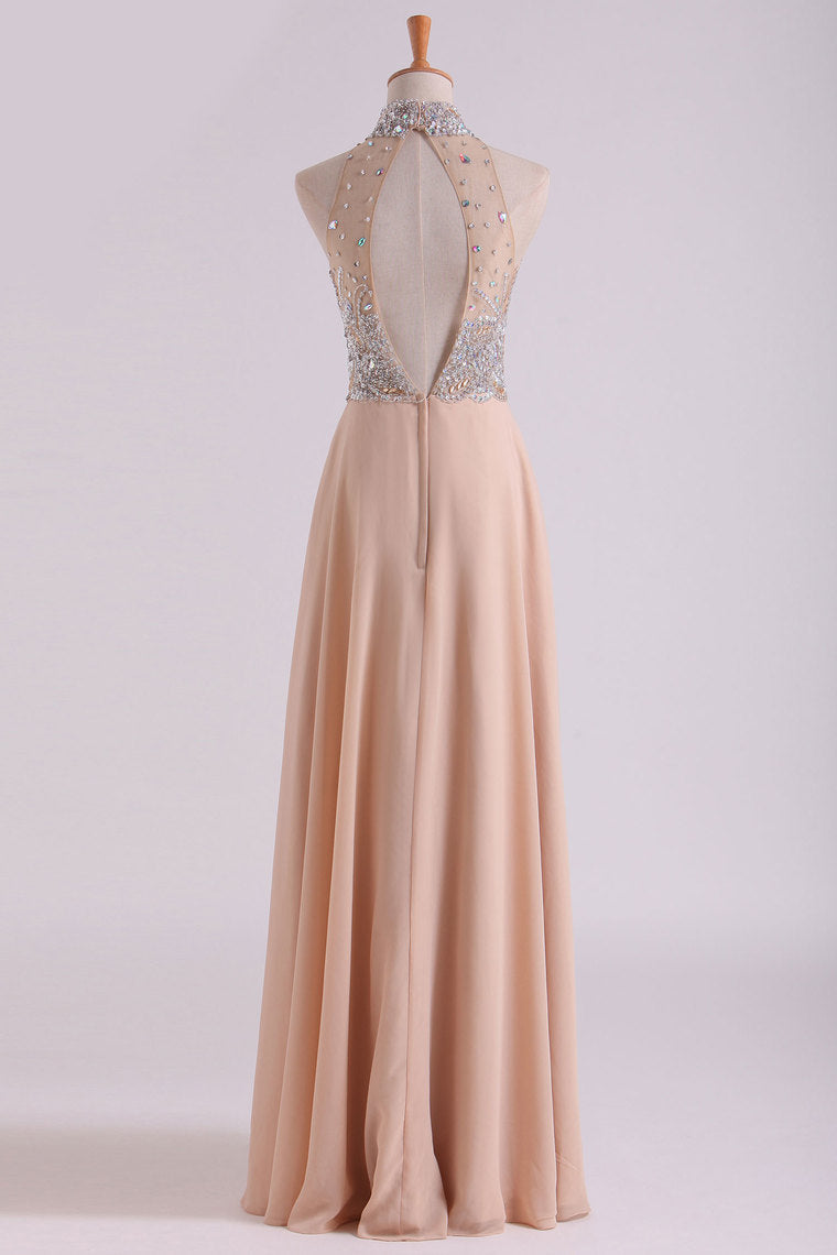 2022 High Neck Prom Dresses A Line Chiffon With Beading Sweep Train