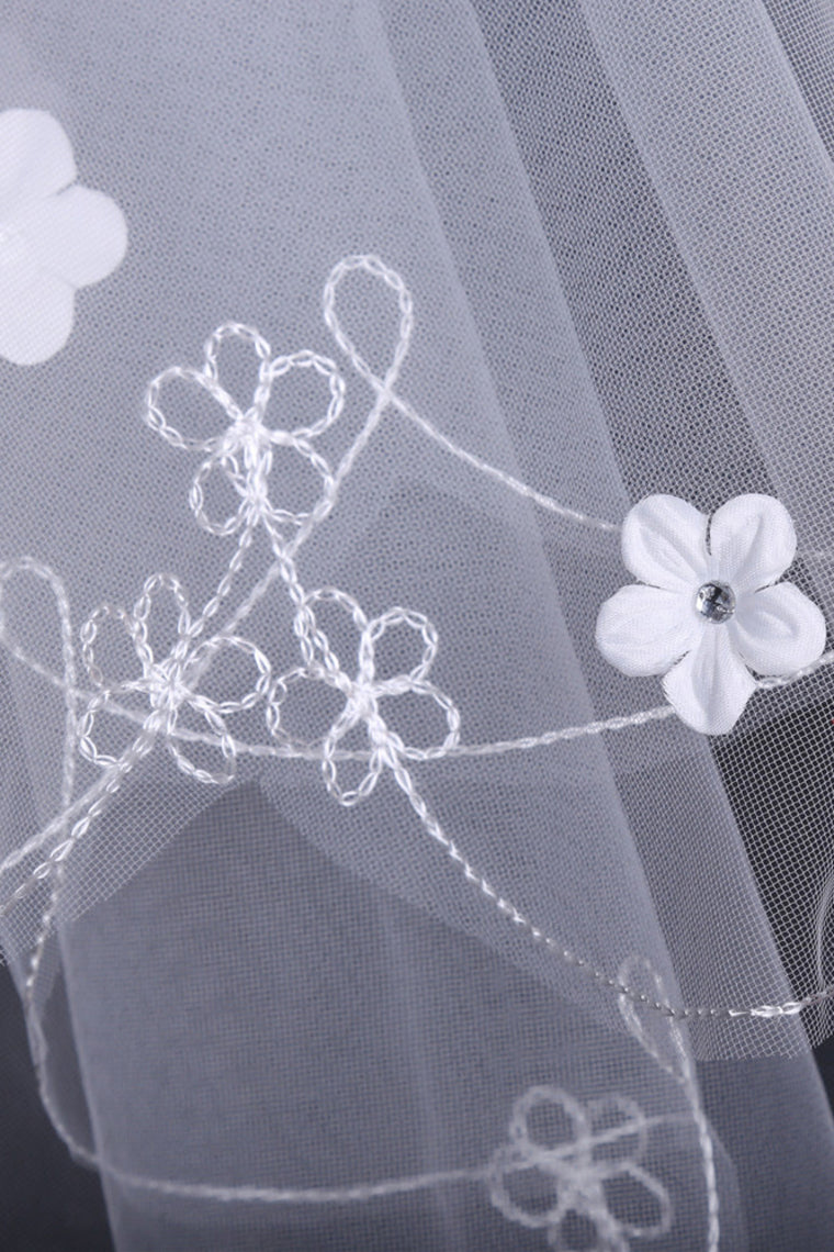 Two-Tier Finger-Tip Bridal Veils With Pencil Edge And Handmade Flower