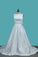 2024 Satin Bateau A Line With Beads And Bow Knot Wedding Dresses