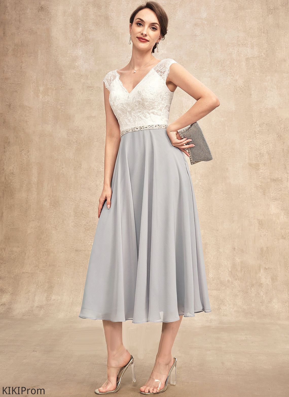 Mother of the Bride Dresses Lace Tea-Length Beading Kiana Dress A-Line Chiffon Bride With of V-neck the Mother