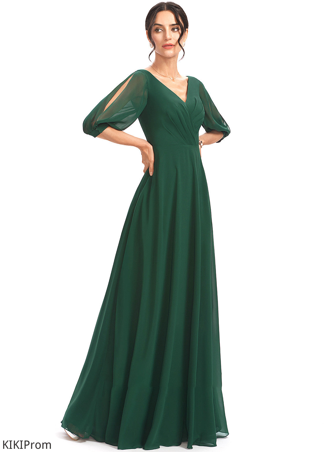 Embellishment V-neck Fabric Neckline Ruffle Floor-Length Silhouette A-Line Length Jaqueline Bridesmaid Dresses