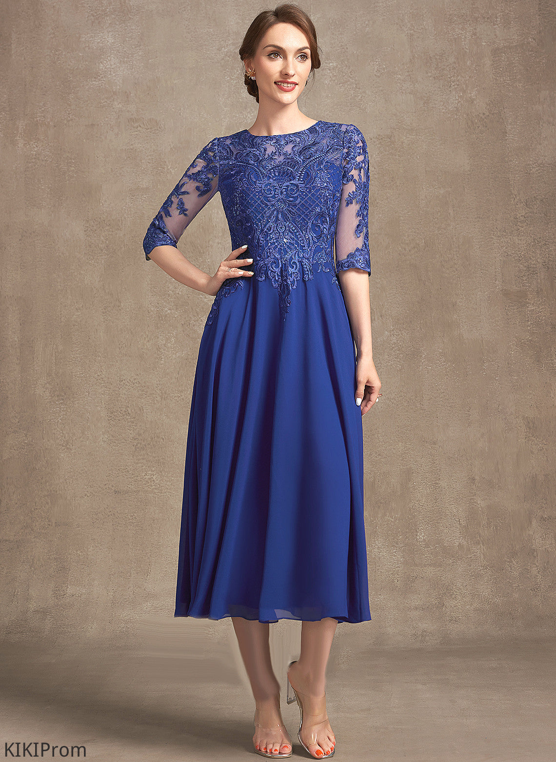 of Mother of the Bride Dresses Dress Mother Tea-Length the Neck Lace With Leyla A-Line Chiffon Bride Sequins Scoop