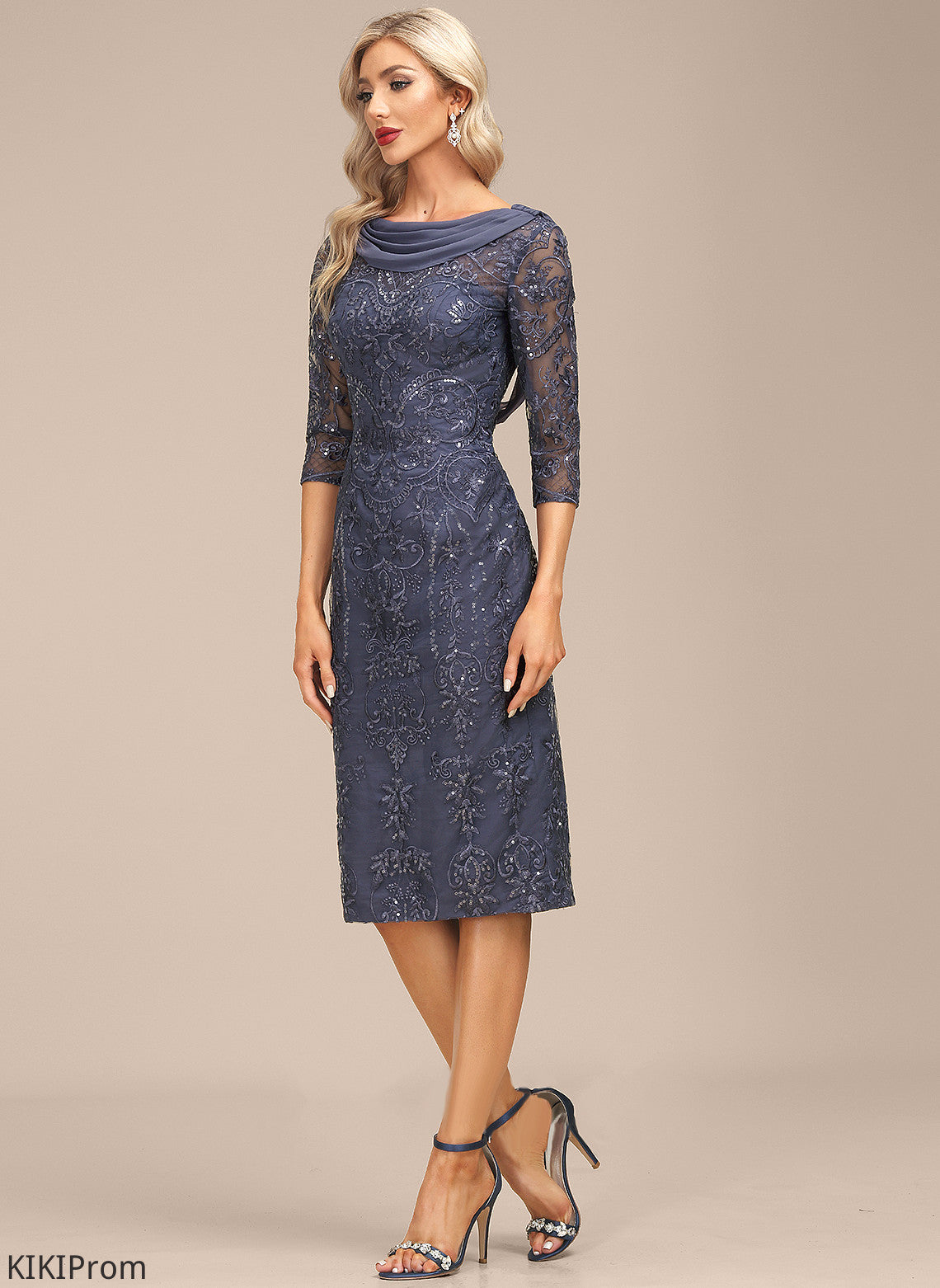 Sheath/Column With Lace Sequins Knee-Length Dress Trudie Cocktail Cocktail Dresses Scoop Neck Chiffon