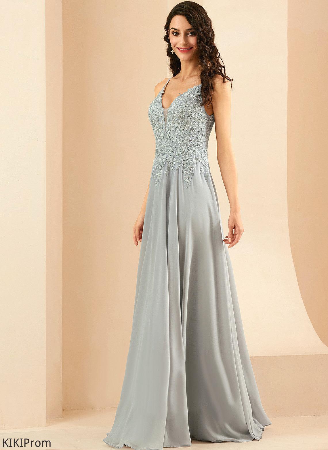 V-neck Lace With Chiffon A-Line Sequins Jaylen Floor-Length Prom Dresses
