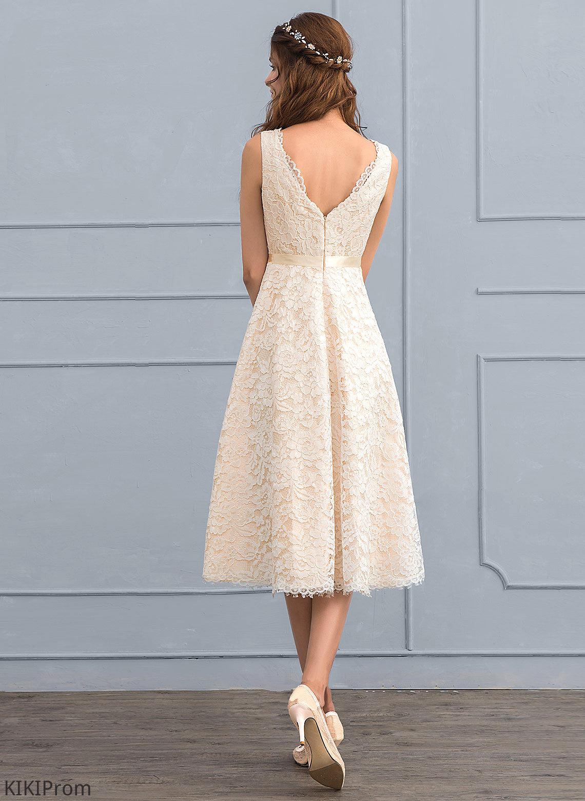 V-neck Knee-Length A-Line Bow(s) Wedding With Dress Lace Jean Wedding Dresses