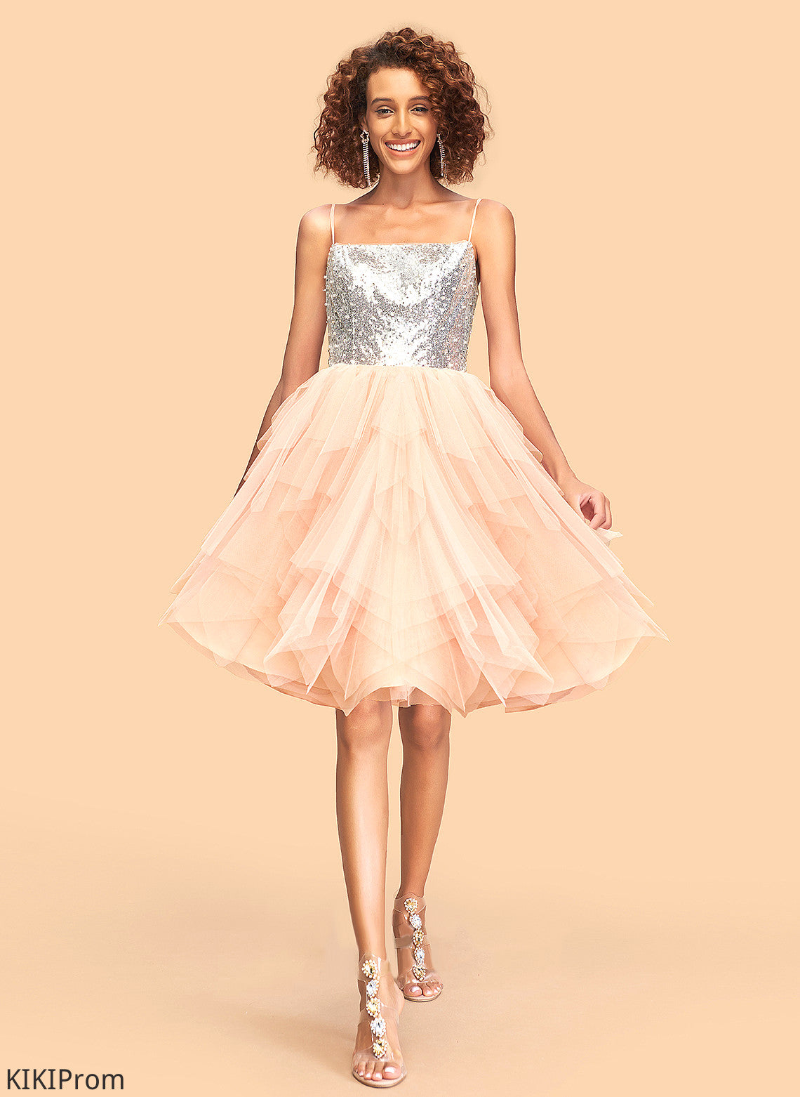 Madelynn A-Line Sequins With Tulle Homecoming Knee-Length Dress Square Neckline Homecoming Dresses